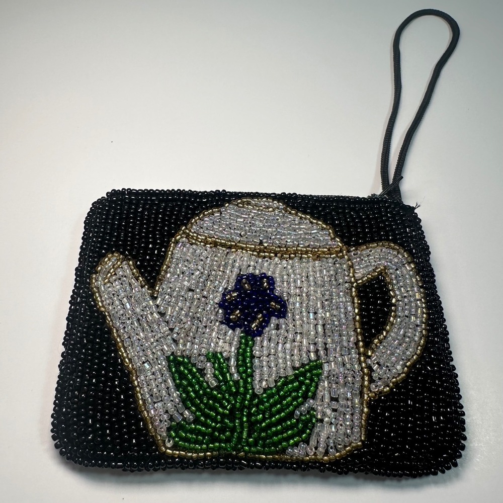 Vintage Beaded Teapot Coin Purse Black Wristlet‎ Pouch Blue Flower Cottagecore
